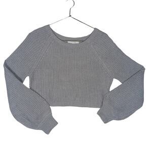 Favlux Fashion Crop Knit Sweater Top Size Medium Long Puff Sleeves Gray